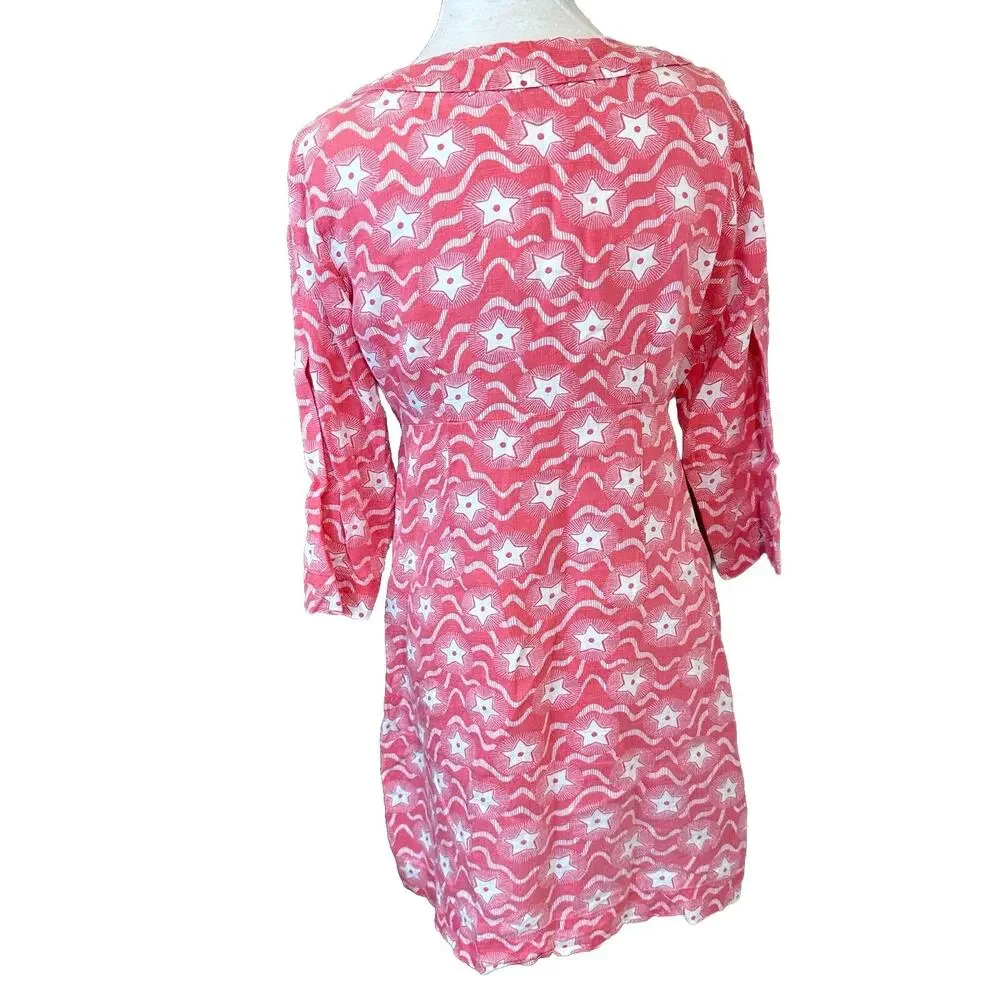 Boden Red Linen Star Mini Dress 3/4 Sleeve Notch Neck Sz 8 Petite 4th Of July - Picture 11 of 11